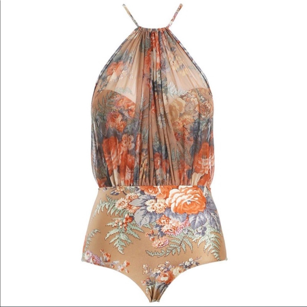 Tan Flower Monokini Padded Bra One-Piece Swimsuit - Picture 6 of 8
